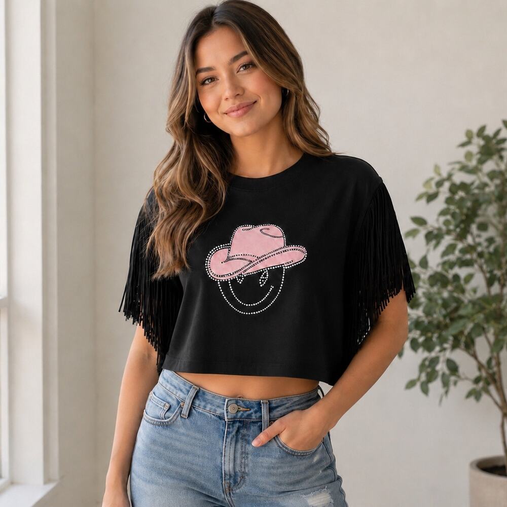 WOMEN'S SHORT FRINGE SLEEVE CROP TOP IN BLACK GRAPHIC SHIRT SZ-Medium